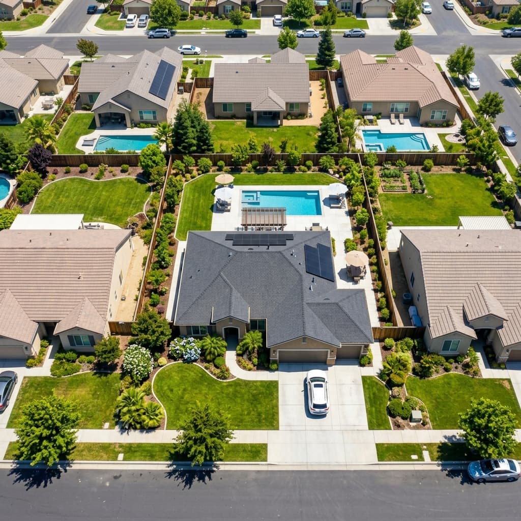 Aerial view of a California residential parcel and its boundaries