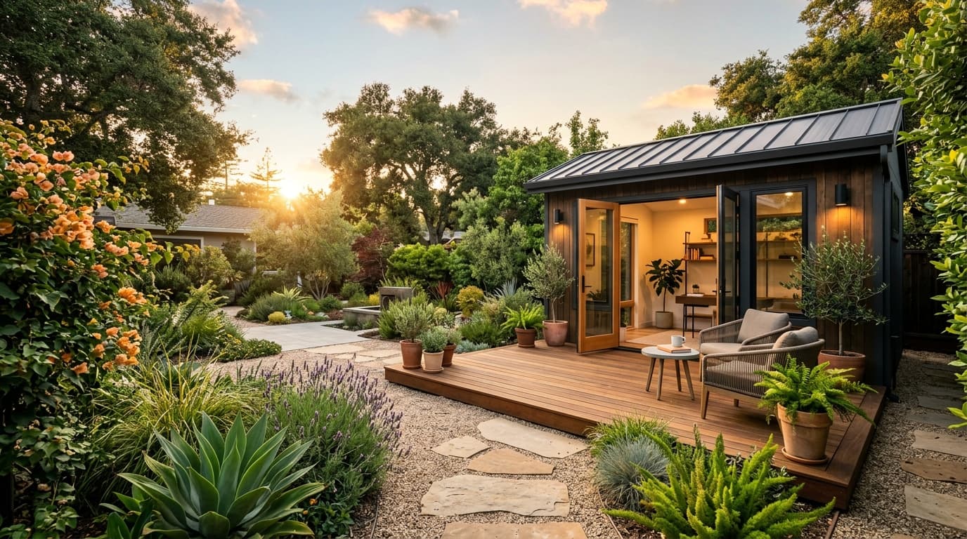 A modern detached ADU garden studio in a California backyard at golden hour