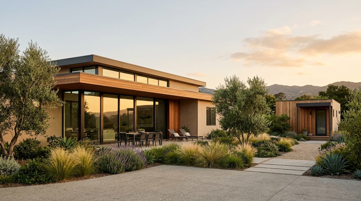 A modern California home at golden hour with a detached backyard ADU