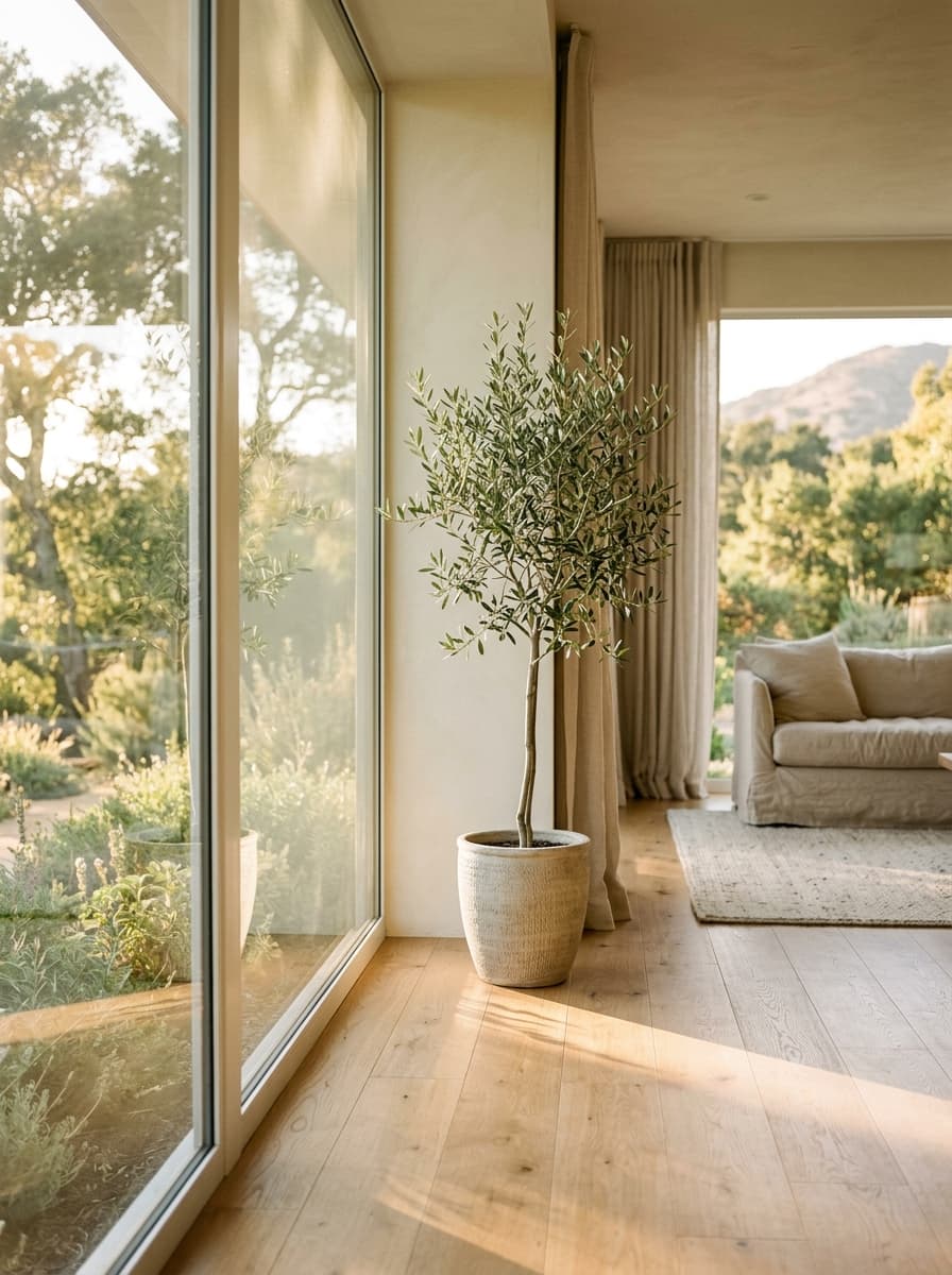Warm afternoon light in a calm, modern California interior